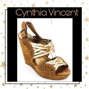 Cynthia Vincent Brown Strappy Wedge Sandals 6